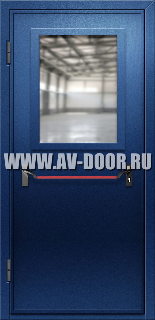 Дверь противопожарная со стеклом и антипаникой синяя