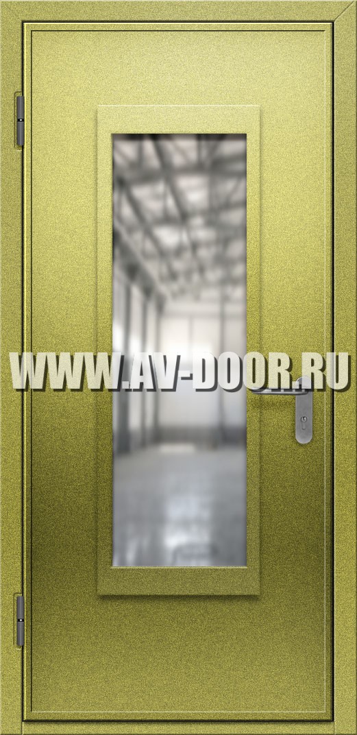 противопожарная одностворчатая оливковая дверь с прямоугольным стеклом