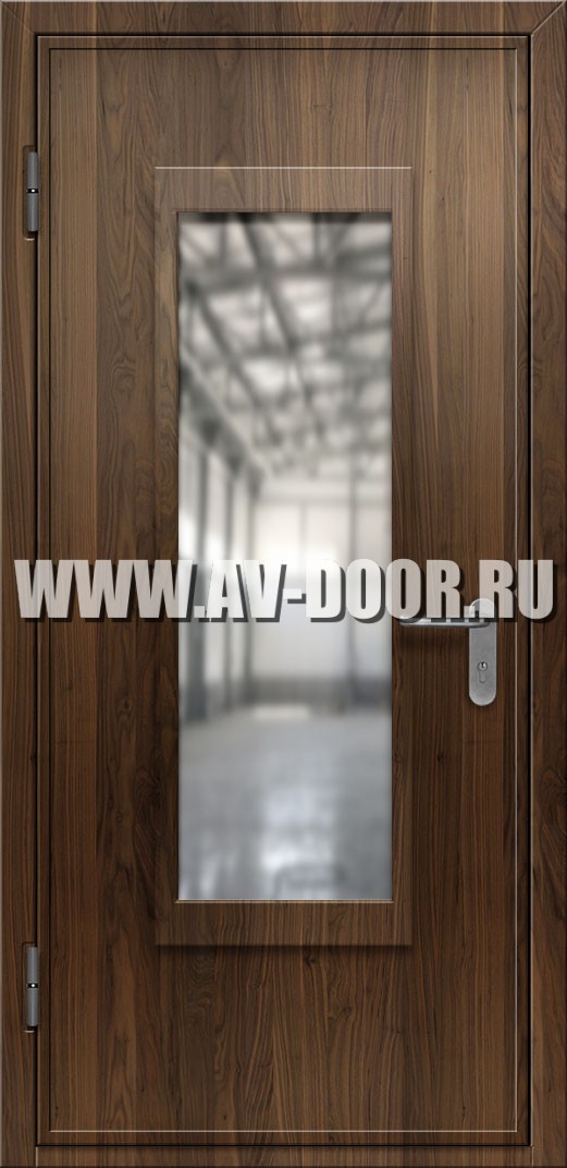 Противопожарная однопольная дверь из МДФ со стеклом дуб
