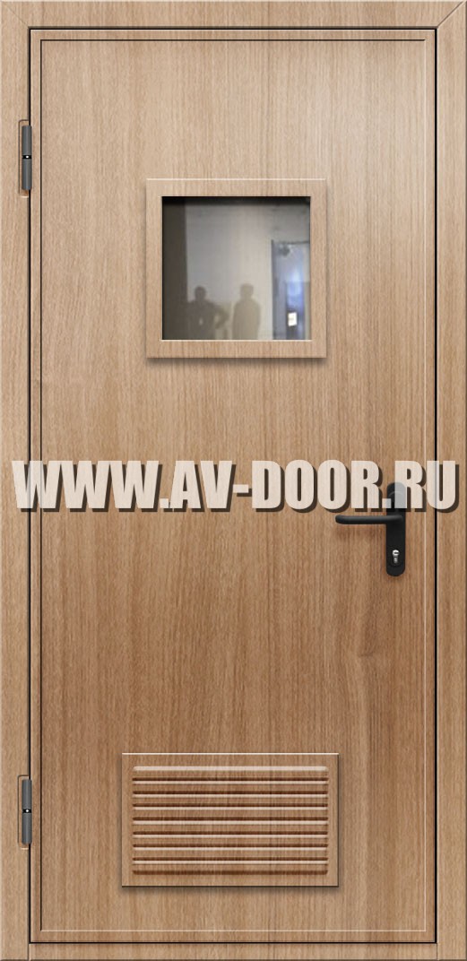 Одностворчатая противопожарная дверь из МДФ со стеклом и решеткой