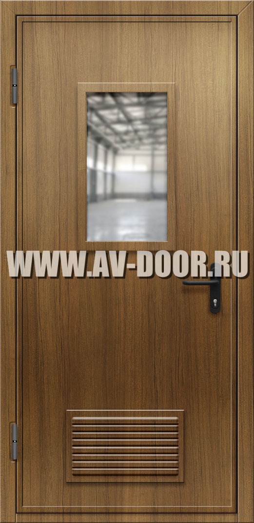 Однопольная противопожарная дверь из МДФ с решеткой и стеклом
