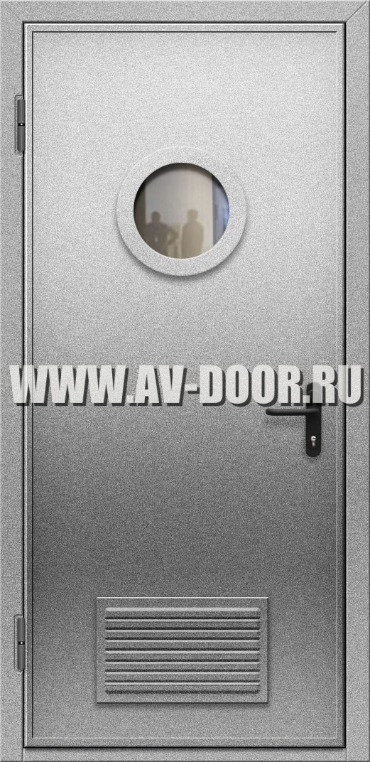 Противопожарная однопольная серая с напылением дверь со стеклом и решеткой