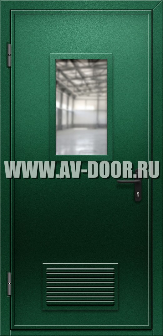 Однопольная противопожарная дверь со стеклом и решеткой