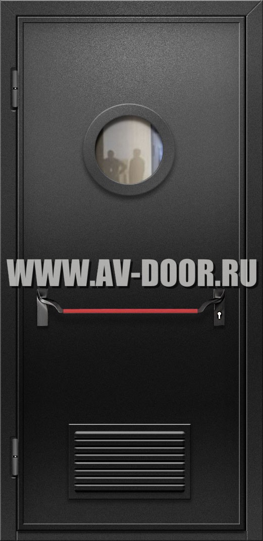 Противопожарная дверь EI-30 с круглым стеклом, решеткой и антипаникой