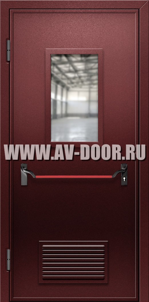Противопожарная дверь без порога с прямоугольным стеклом, антипаникой и решеткой