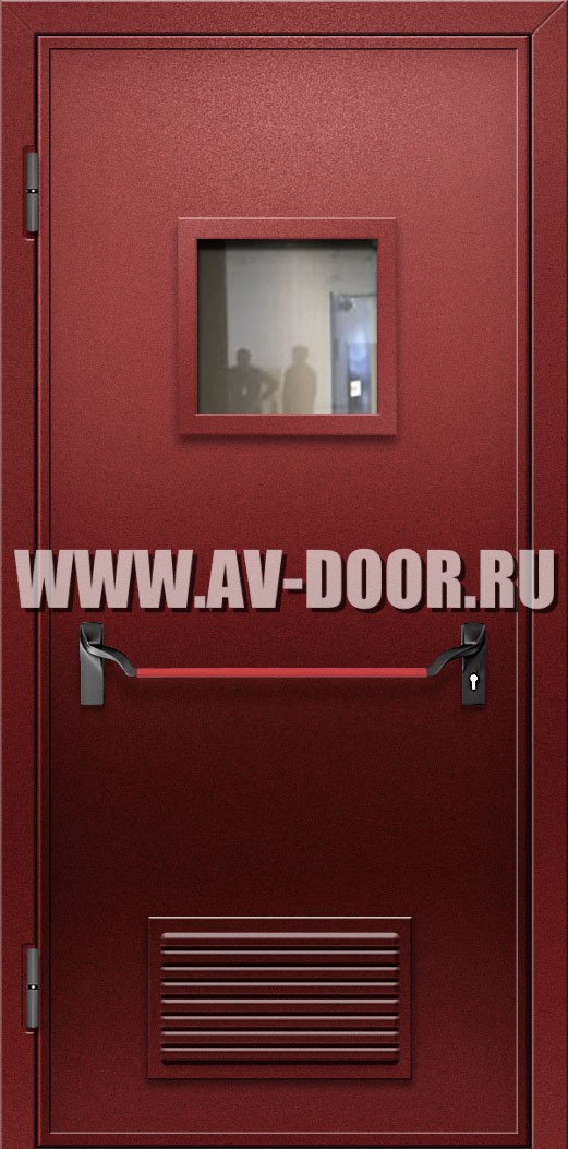 Дверь противопожарная без порога с квадратным стеклом, решеткой и антипаникой