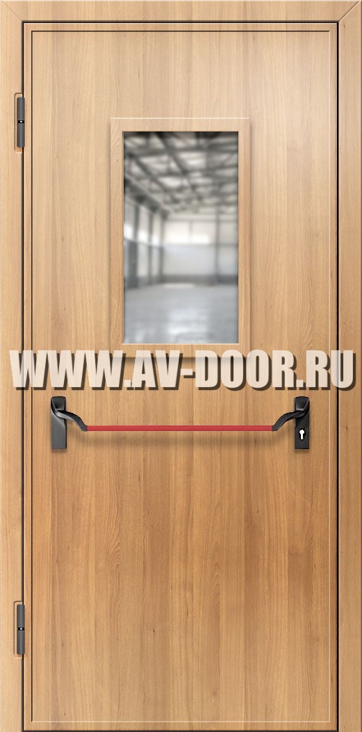 Противопожарная дверь без порога из МДФ с прямоугольным стеклом и антипаникой