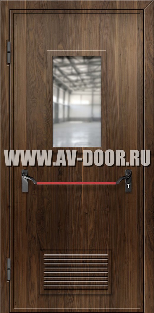Дверь противопожарная без порога из МДФ с прямоугольным стеклом, решеткой и антипаникой