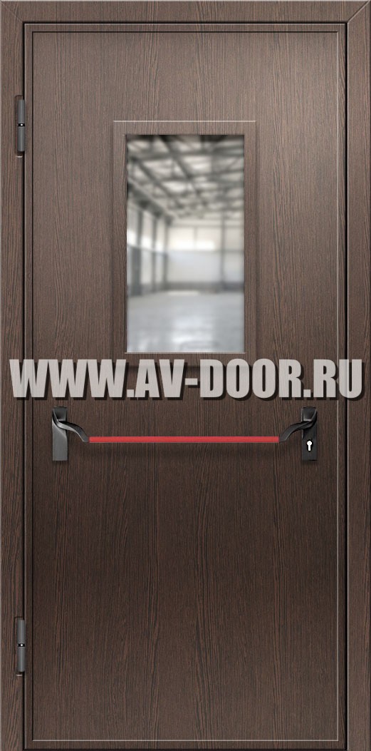 Противопожарная дверь без порога из МДФ с прямоугольным стеклом и антипаникой