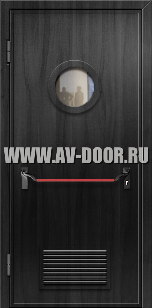 Противопожарная дверь без порога из МДФ с круглым стеклом, решеткой и антипаникой