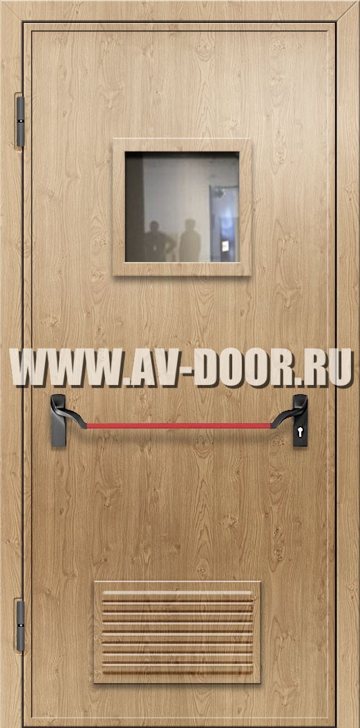 Противопожарная дверь без порога из МДФ с квадратным стеклом, решеткой и антипаникой