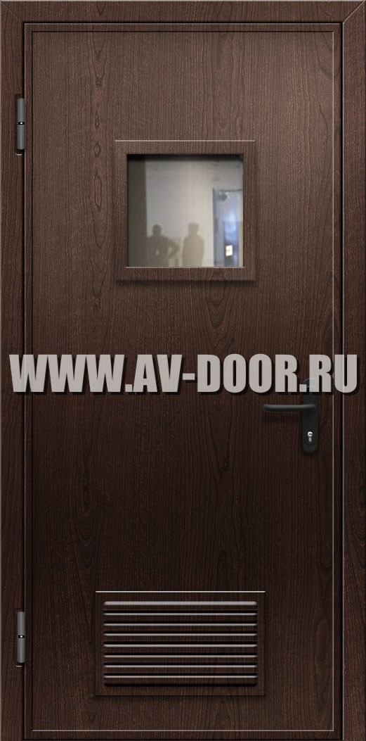 Противопожарная дверь из МДФ без порога с квадратным стеклом и решеткой