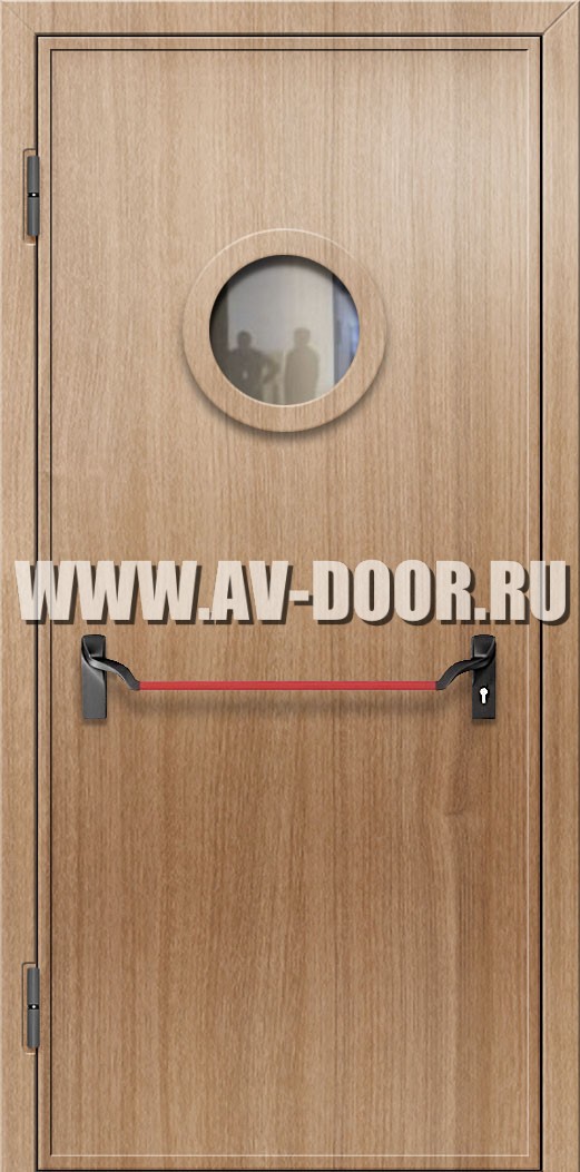 Противопожарная дверь из МДФ без порога с круглым стеклом и антипаникой