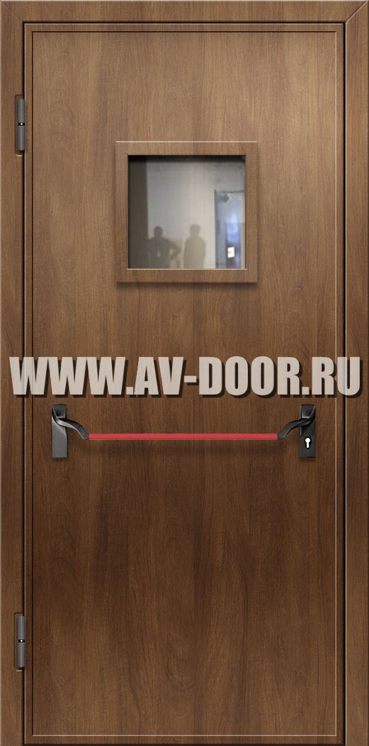 Противопожарная дверь из МДФ без порога с квадратным стеклом и антипаникой