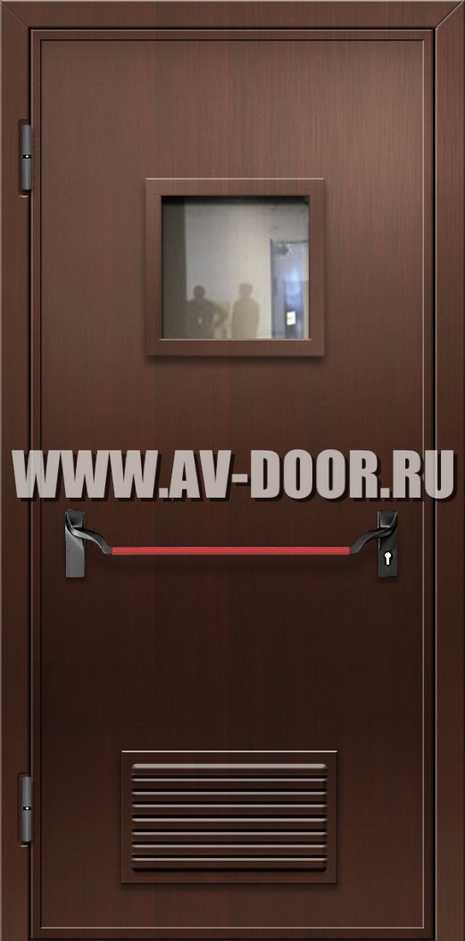 Дверь противопожарная из МДФ без порога с квадратным стеклом, решеткой и антипаникой