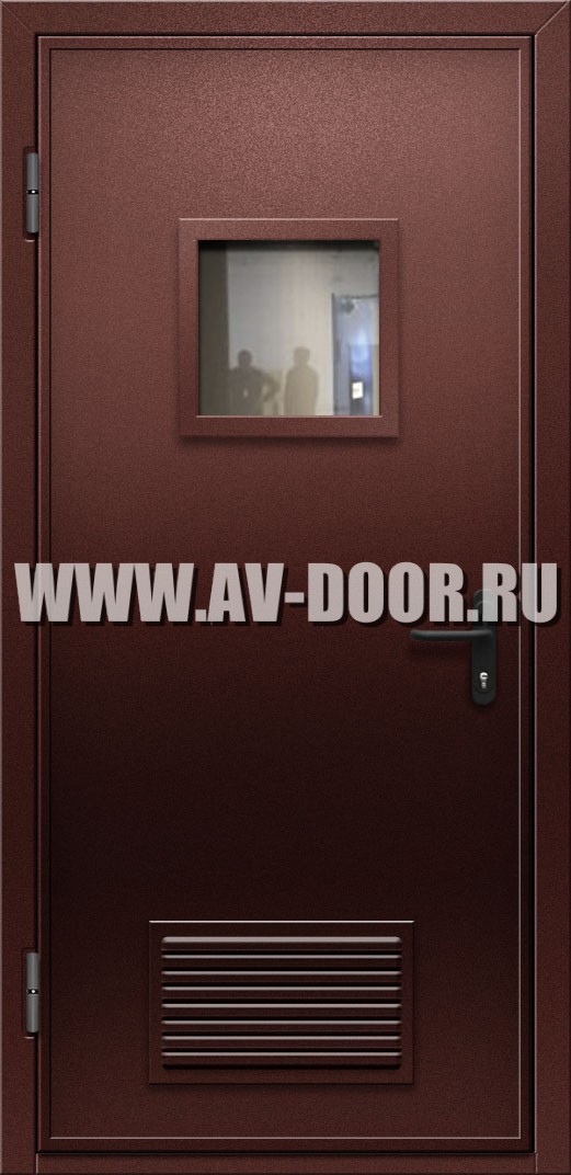Противопожарная однопольная дверь с квадратным стеклом и решеткой