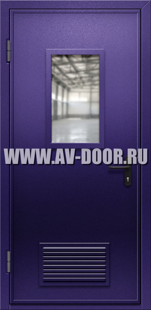 Противопожарная синяя дверь с прямоугольным стеклом и решеткой