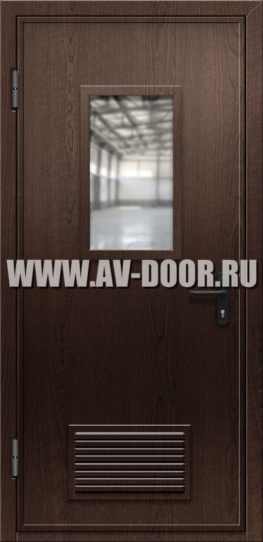Противопожарная дверь из МДФ с прямоугольным стеклом и вентиляцией