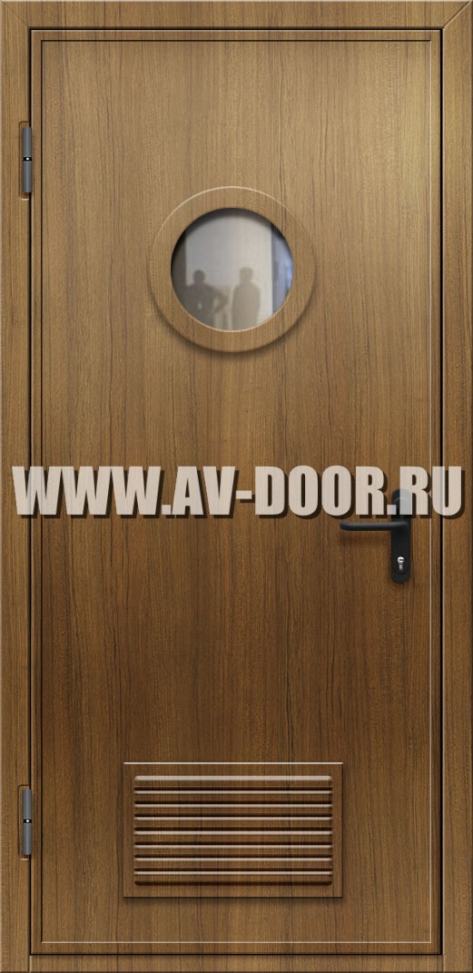 Противопожарная дверь из МДФ с круглым стеклом и решеткой