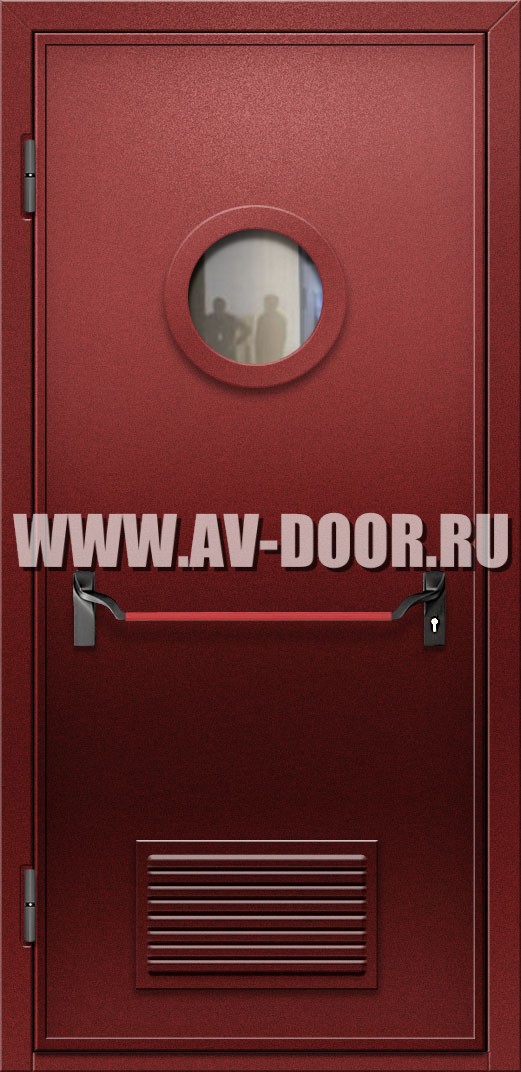 Дверь противопожарная с круглым стеклом, решеткой и антипаникой