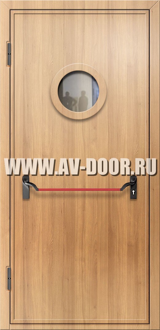 Противопожарная светло коричневая дверь из МДФ с круглым стеклом и антипаникой