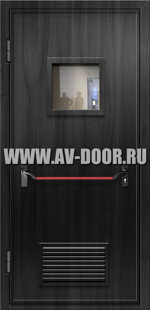 Противопожарная дверь из МДФ с квадратным стеклом, решеткой и антипаникой