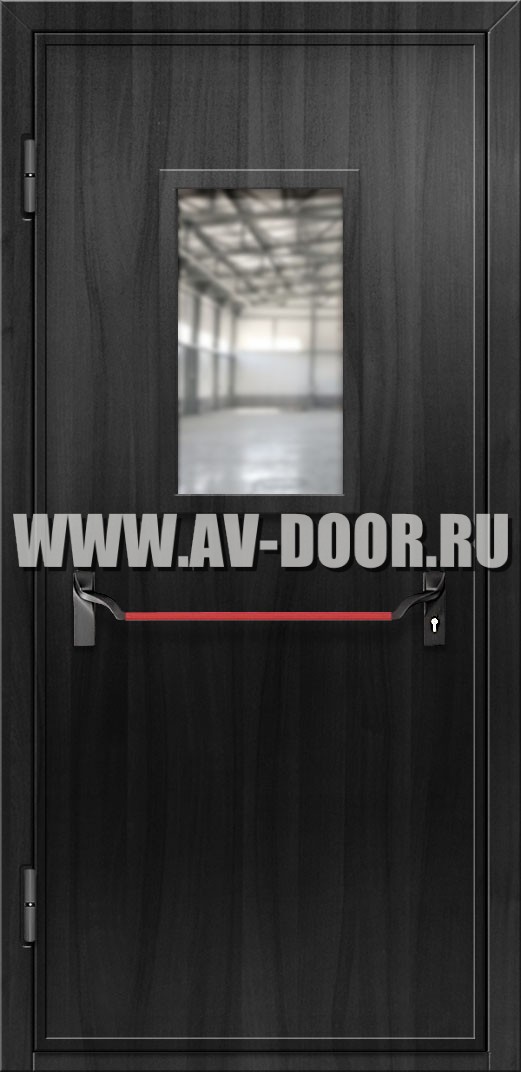 Дверь противопожарная из МДФ с прямоугольным стеклом и антипаникой