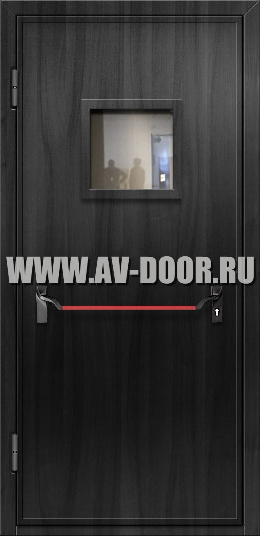 Противопожарная дверь из МДФ с квадратным стеклом и антипаникой