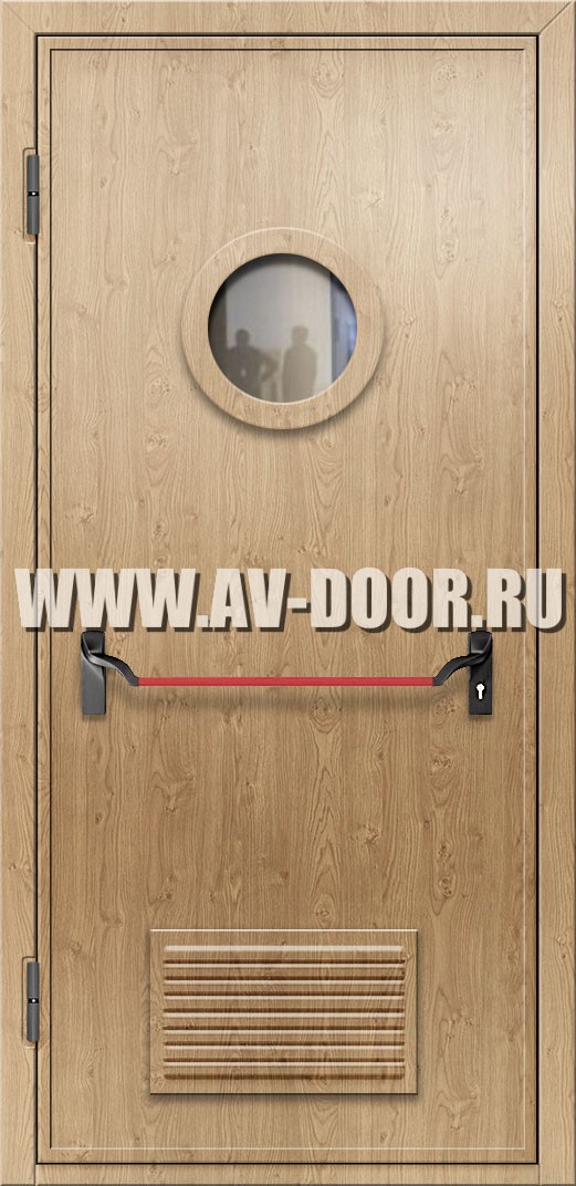 Противопожарная дверь из МДФ с круглым стеклом, решеткой и антипаникой