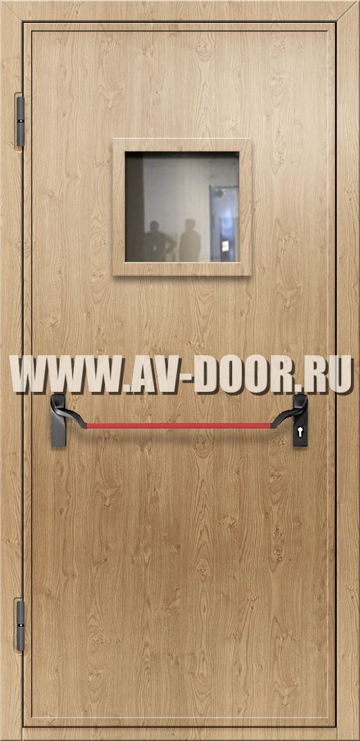 Противопожарная дверь из МДФ с квадратным стеклом и антипаникой