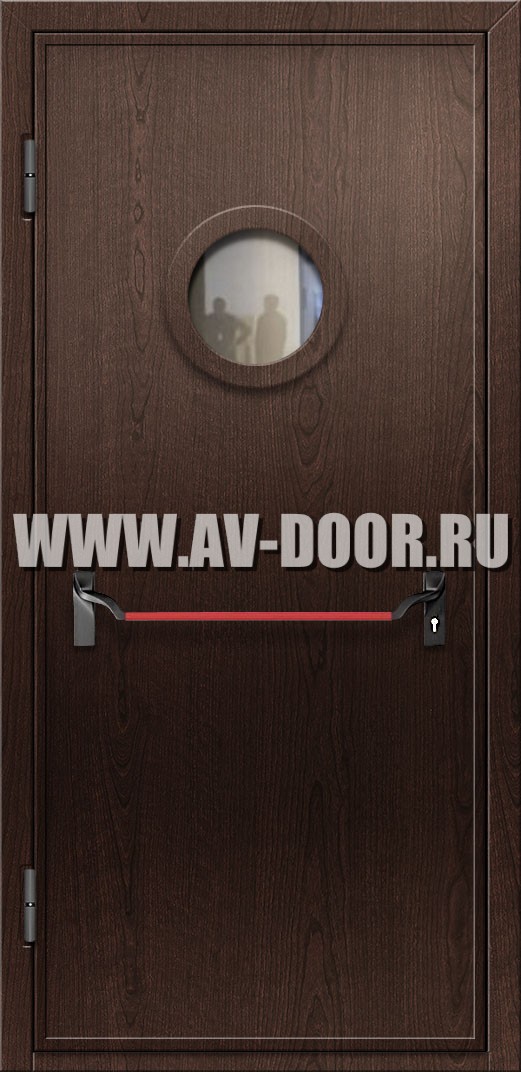 Противопожарная темно коричневая дверь из МДФ со стеклом и антипаникой