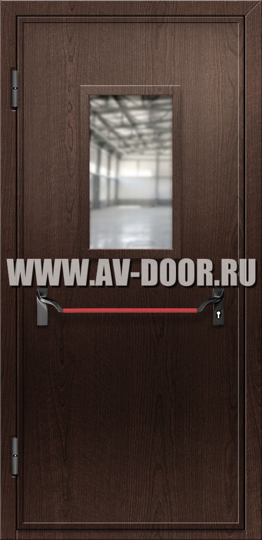 Противопожарная дверь из МДФ с прямоугольным стеклом и антипаникой