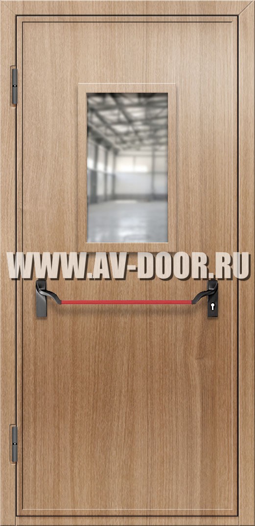 Противопожарная дверь из МДФ с прямоугольным стеклом и антипаникой