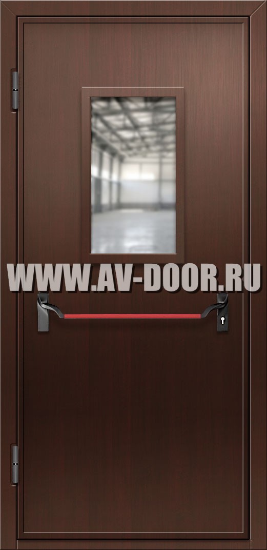 Противопожарная дверь из МДФ с прямоугольным стеклом и антипаникой