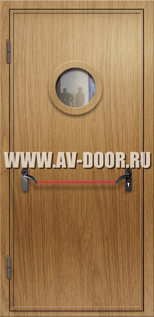 Противопожарная дверь из МДФ с круглым стеклом и антипаникой