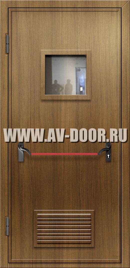 противопожарная дверь из МДФ с квадратным стеклом, вентиляцией и антипаникой