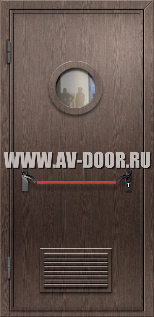 Противопожарная дверь из МДФ с круглым стеклом, решеткой и антипаникой