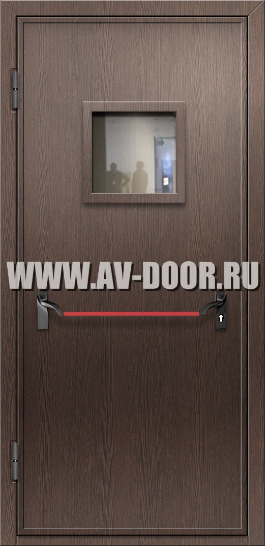 Противопожарная дверь из МДФ с квадратным стеклом и антипаникой