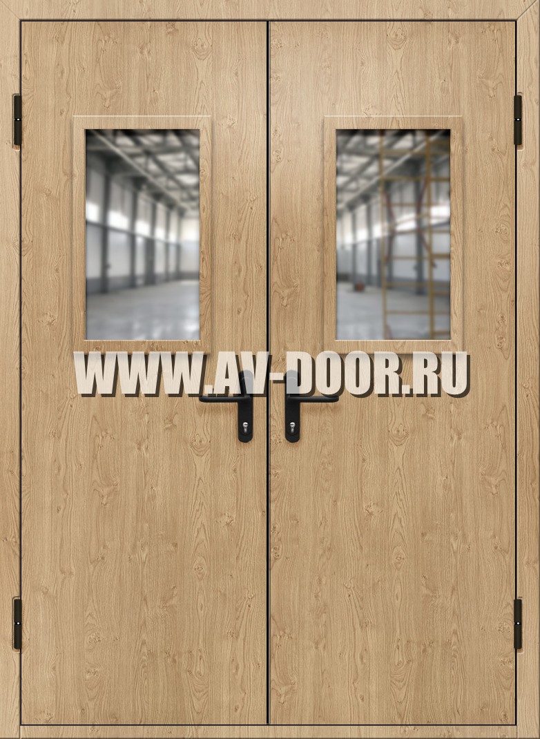 Противопожарная двупольная дверь из МДФ с прямоугольными стеклами