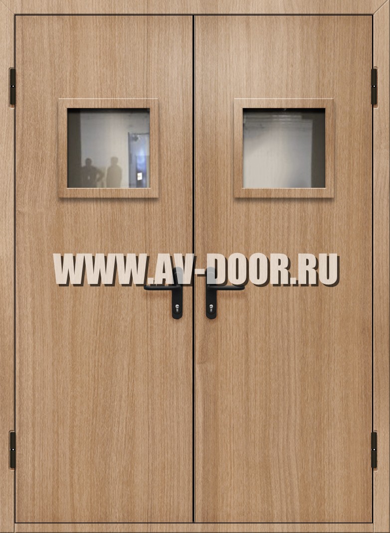 Противопожарная двупольная дверь из МДФ с квадратными стеклами
