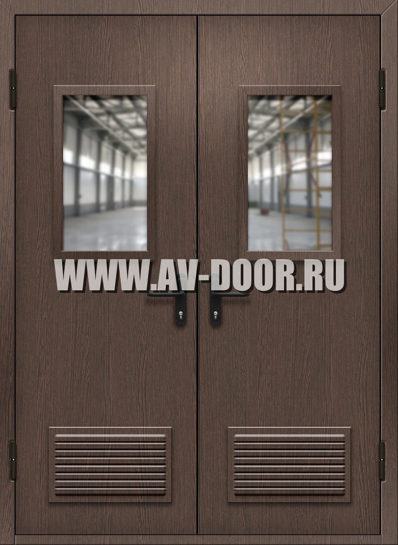 Двупольная противопожарная дверь из МДФ с прямоугольными стеклами и решетками