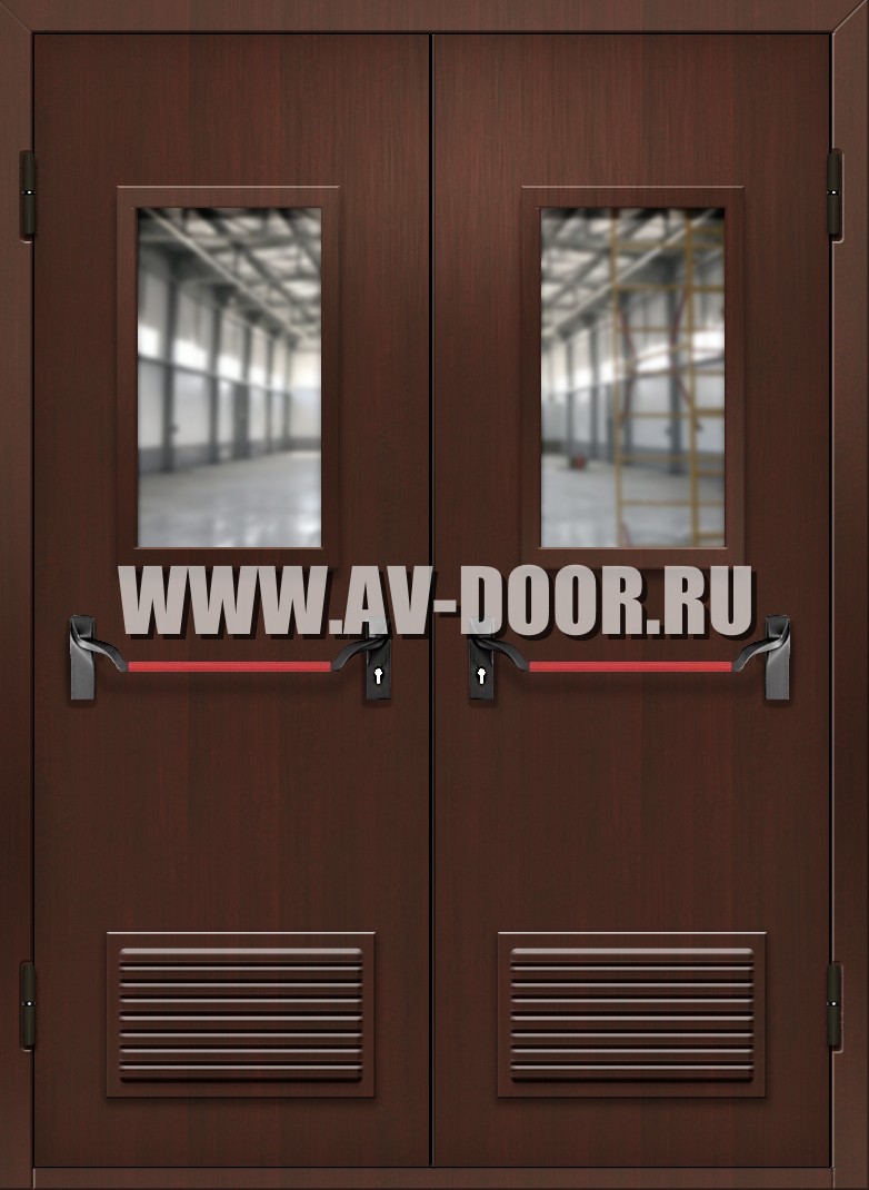 Двупольная дверь из МДФ с защитой от огня, прямоугольными стеклами, решетками и антипаникой