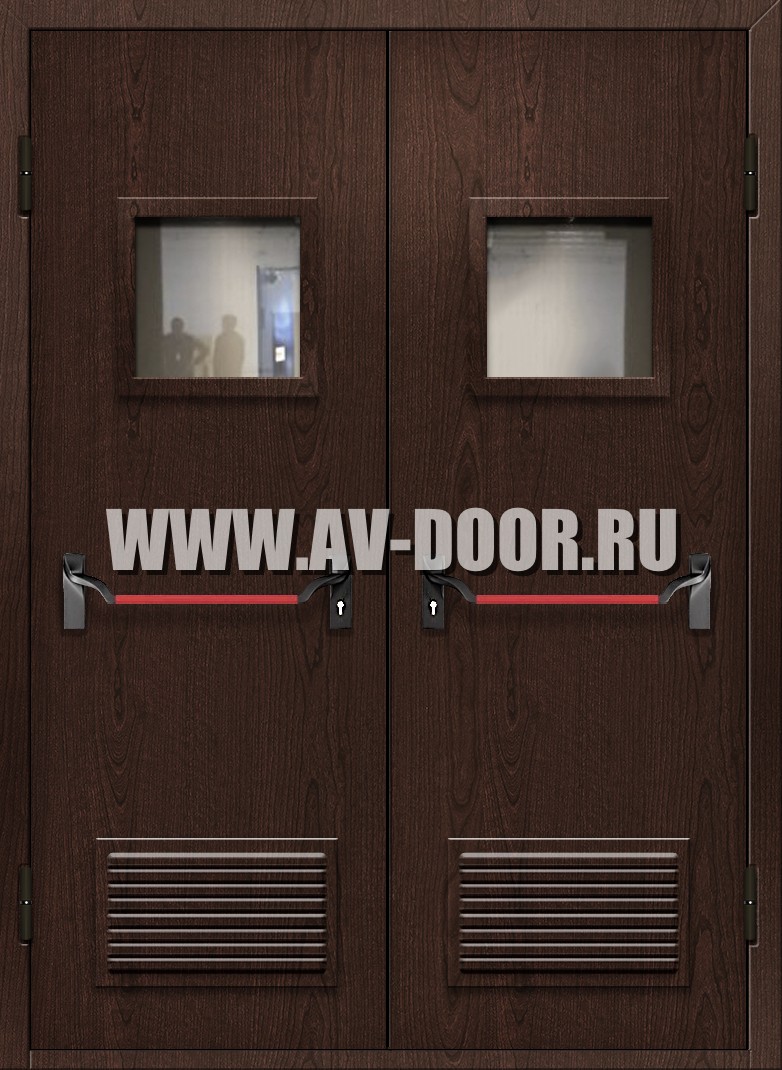 Противопожарная двупольная дверь из МДФ с квадратными стеклами, решетками и антипаникой