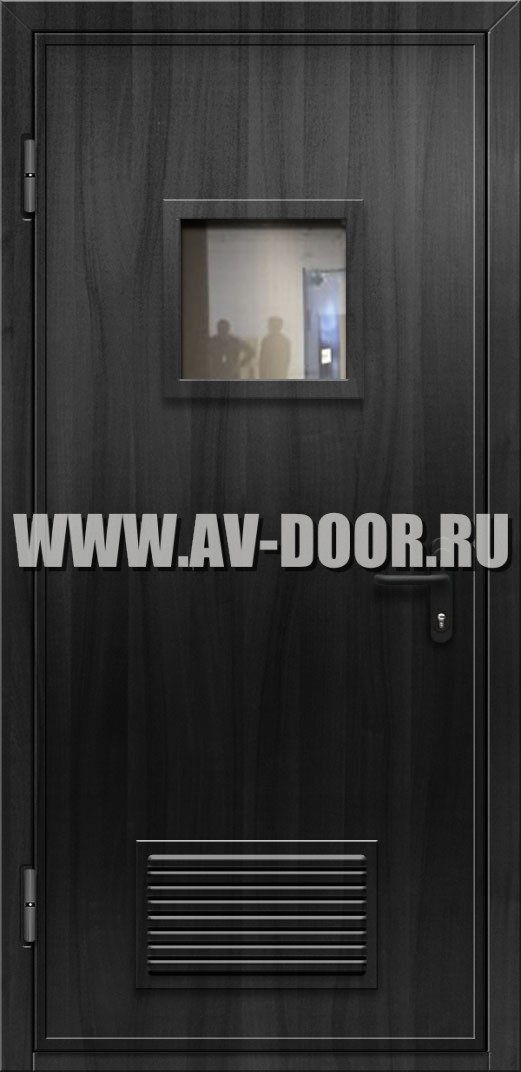Дверь противопожарная однопольная из МДФ с квадратным стеклом и вентиляцией
