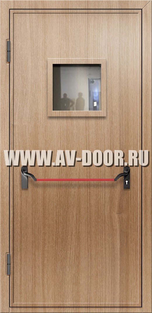 Дверь одностворчатая из МДФ с защитой от огня, квадратным стеклом и антипаникой