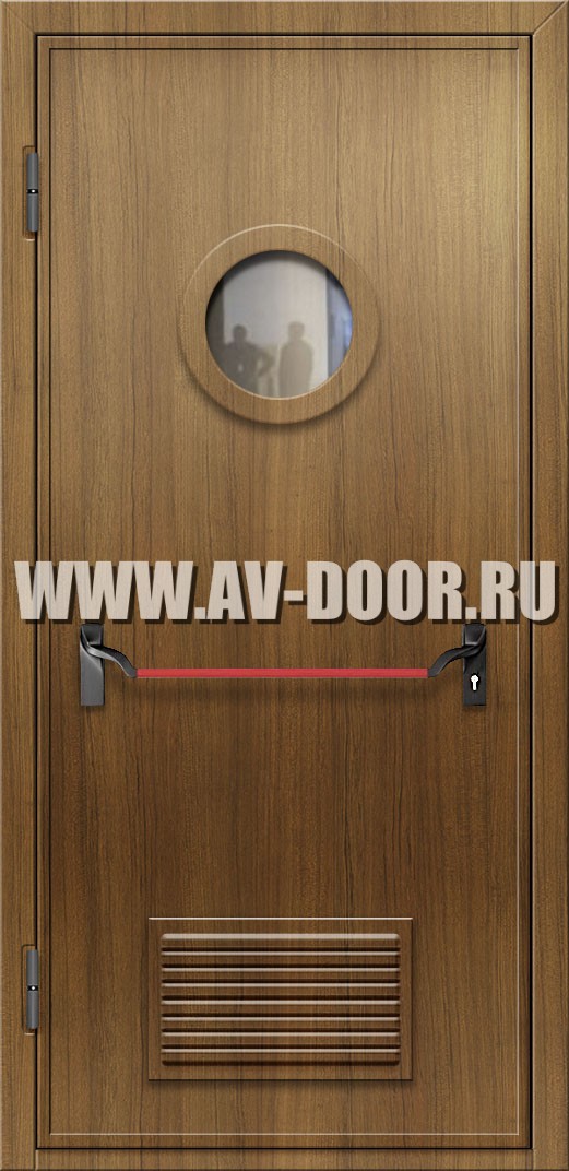 Одностворчатая противопожарная дверь из МДФ с круглым стеклом, решеткой и антипаникой