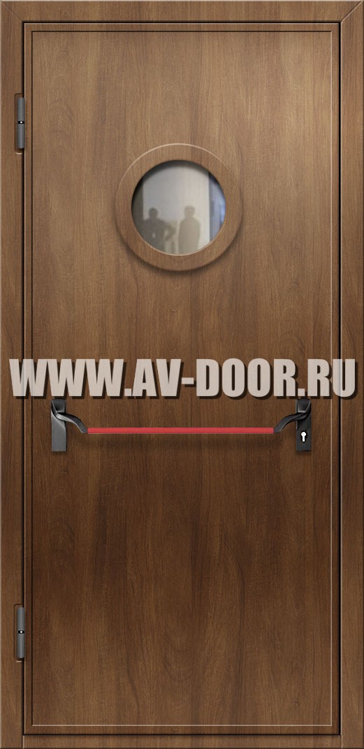 Дверь противопожарная одностворчатая из МДФ с круглым стеклом и антипаникой