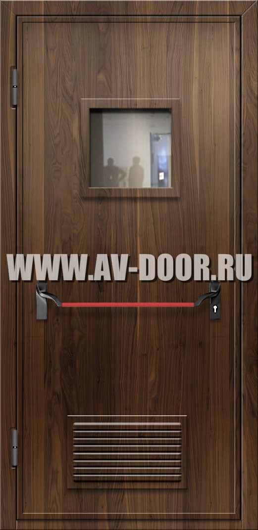 Противопожарная однопольная дверь из МДФ с квадратным стеклом, решеткой и антипаникой
