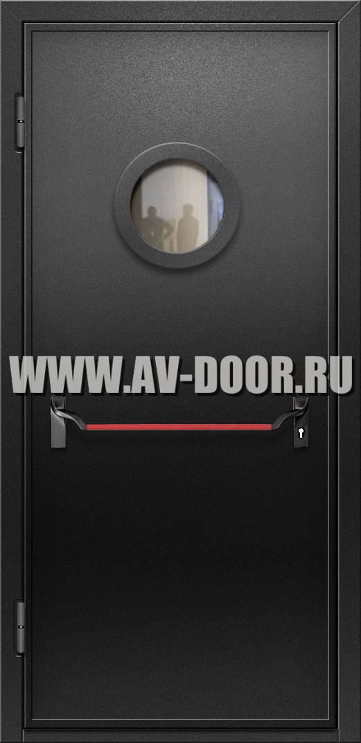 Противопожарная однопольная дверь с круглым стеклом и антипаникой
