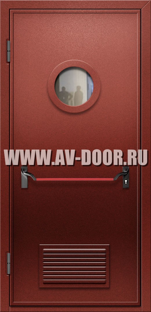 Противопожарная одностворчатая дверь с круглым стеклом, решеткой и антипаникой